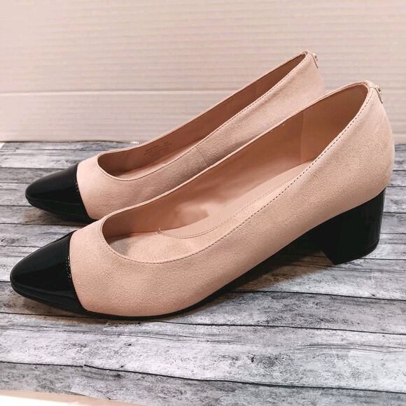 Cole Haan W26302 Suede Cap Toe Block Heel Pumps Tan/Nude Black Patent 8B - Picture 2 of 11